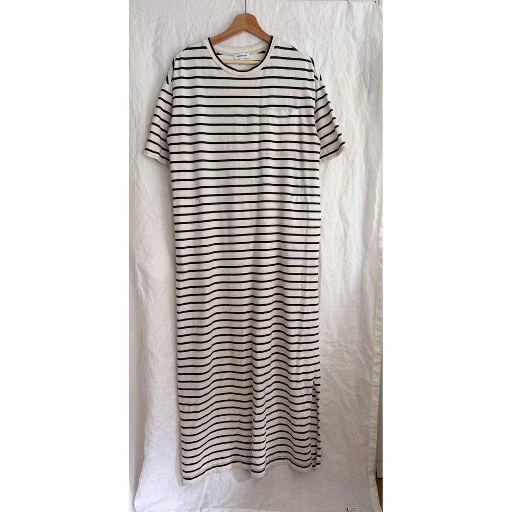 Nordstrom T-Shirt Maxi Dress Women Cream Navy Striped Pocket Side Slit XS